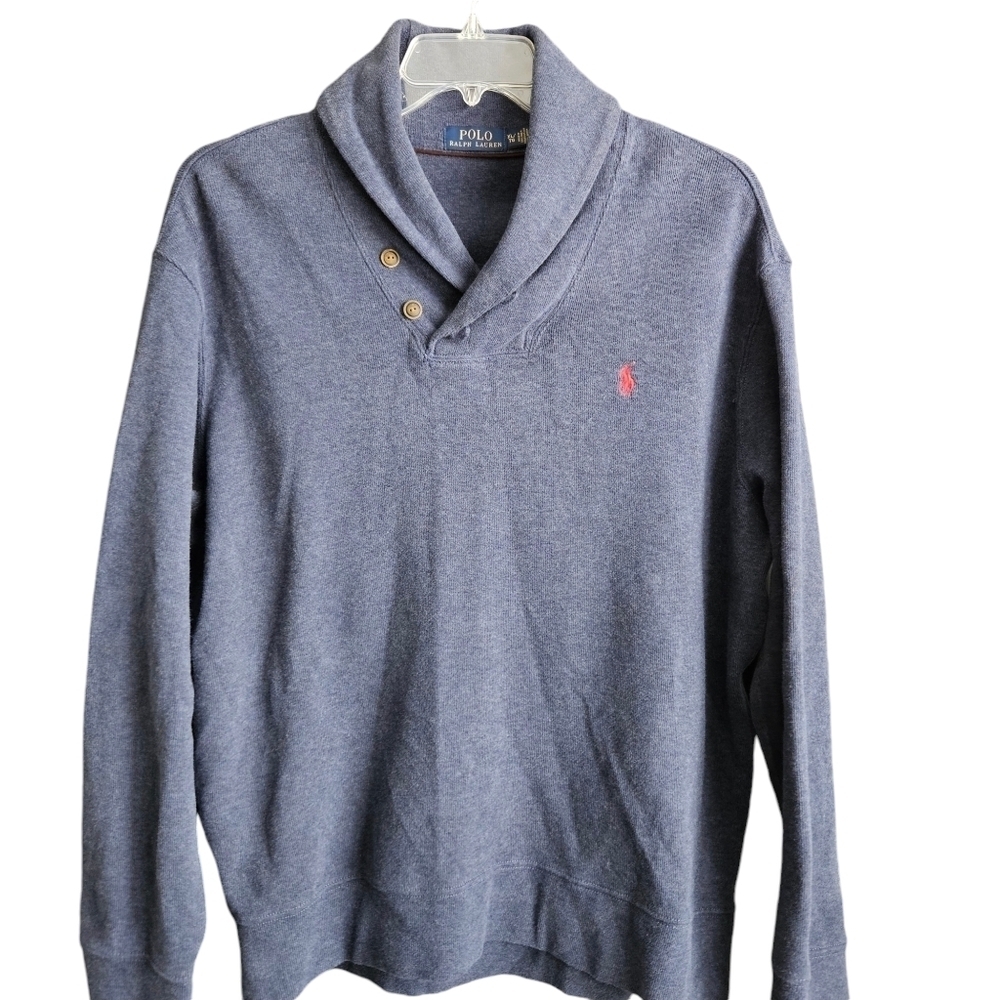 Polo Ralph Lauren Men's Heather Blue Shawl Collar Sweater with Red Pony Sz XL‎